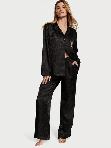 Піжама сатинова сорочка/штани Victoria's Secret Satin Long Pajama Set S Чорний (26720845)