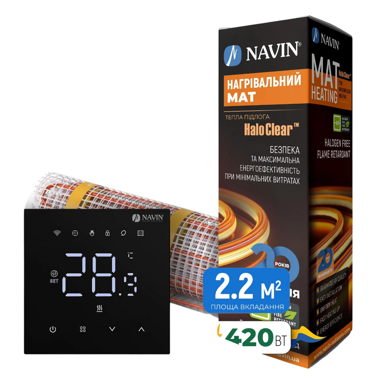 Комплект теплого пола Comfort нагревательный мат NAVIN HaloClear 420 Вт/2,2 м2/терморегулятор WT410 W-16A с Wi-Fi Черный матовый