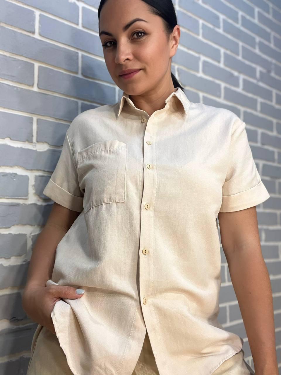Рубашка женская MIX RAY 3950 наложенный карман короткий рукав оверсайз M Бежевый (2329)