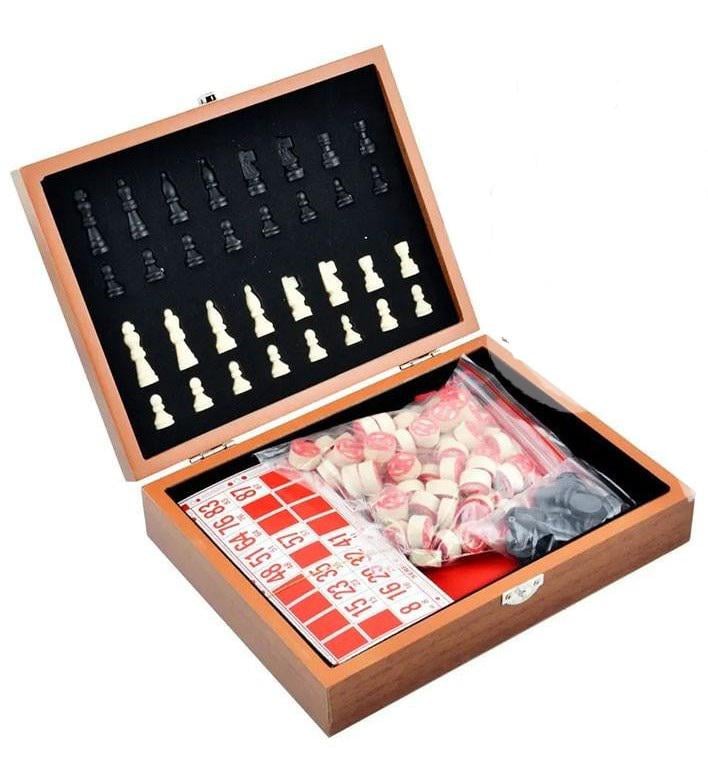 Игровой набор шахматы/лото в деревянной коробке 285х185х60 мм (2519)