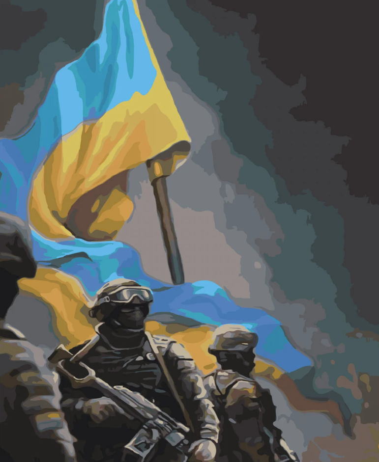 Картина за номерами Strateg Преміум Українські воїни з лаком и рівнем 40x50 см (SY6539)