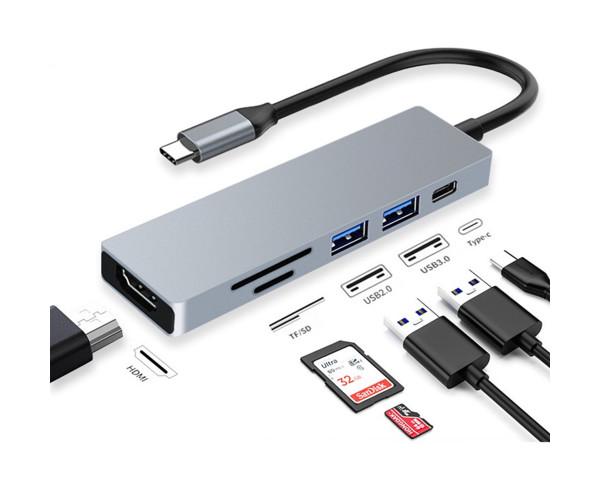 Хаб USB YME006 Type-C to 2 USB/Type-C/HDMI/SD/Micro SD 6в1 Gray - фото 2