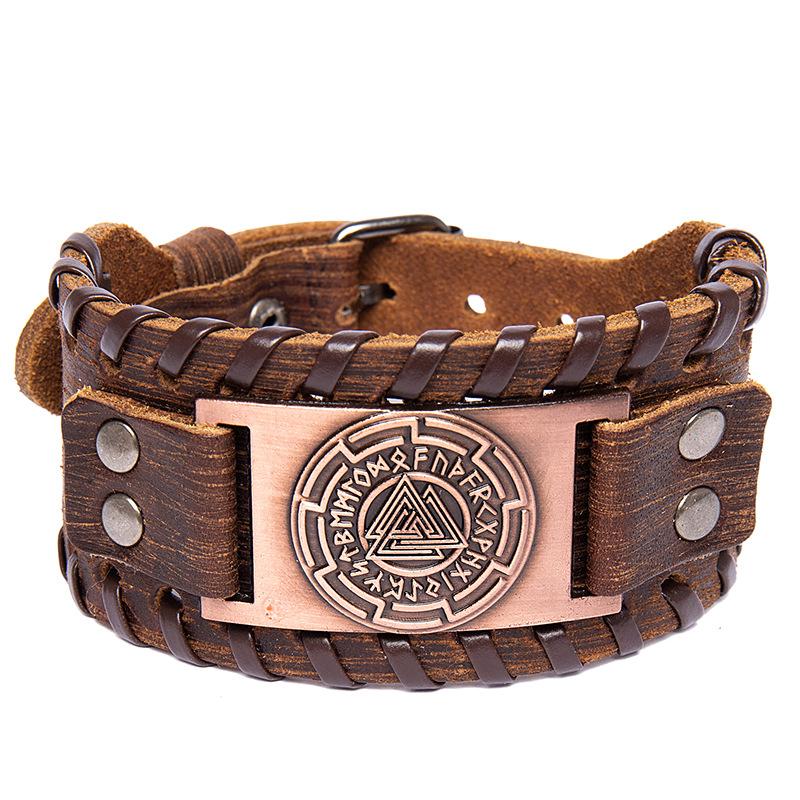 Браслет-талисман мужской Валькнут Символ Один кожаный 27х3,6 см Коричневый/Медный (B109575BRC)