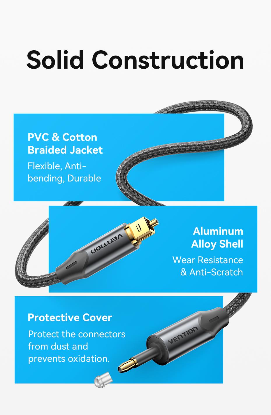 АудіоКабель Vention оптичний Toslink на Mini Toslink позолочені роз'єми Dolby DTS 0,5 м Чорний (BKCBD) - фото 9 АудіоКабель Vention оптичний Toslink на Mini Toslink позолочені роз'єми Dolby DTS 0,5 м Чорний (BKCBD) - фото 9