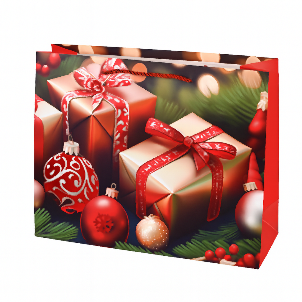 Подарочный пакет Present R34504-S Новый год 24х18х10 см Красный с золотым/Зеленым (29875810)