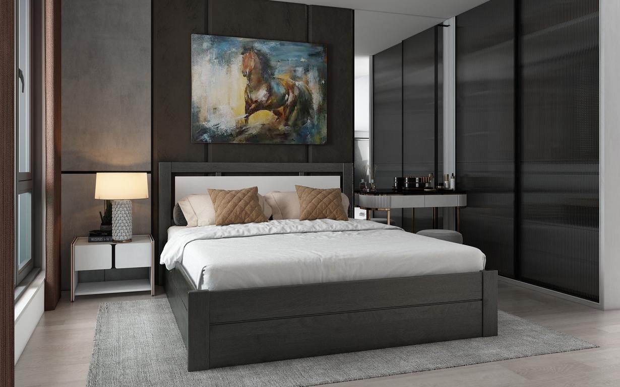 Ліжко двоспальне STEMMA Прайм-ПМ з підйомним механізмом із натурального дерева сосна 180x200 см Венге/Білий (52533)