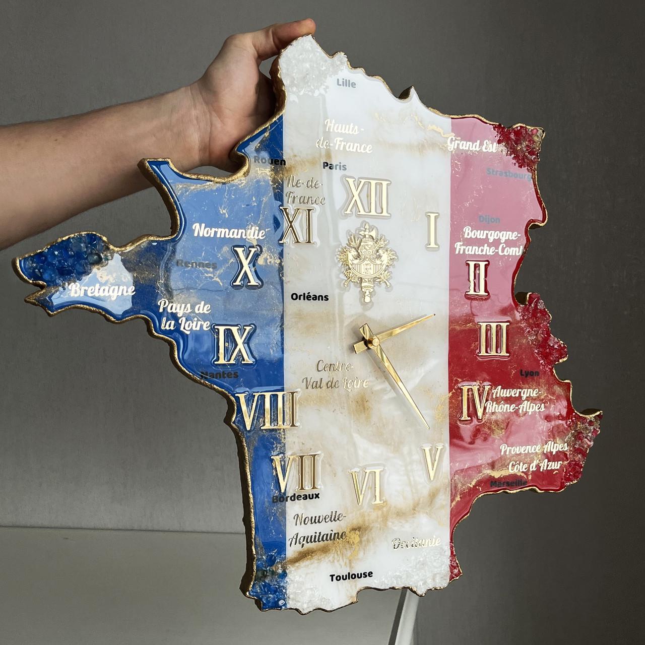 Часы настенные из эпоксидной смолы Карта Франции 70х69 см