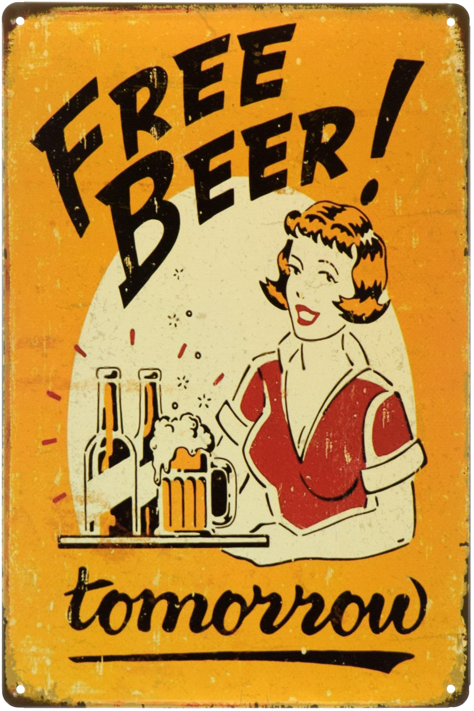 Табличка металлическая Бесплатное Пиво! Завтра/Free Beer! Tomorrow Pin Up 20x30 см