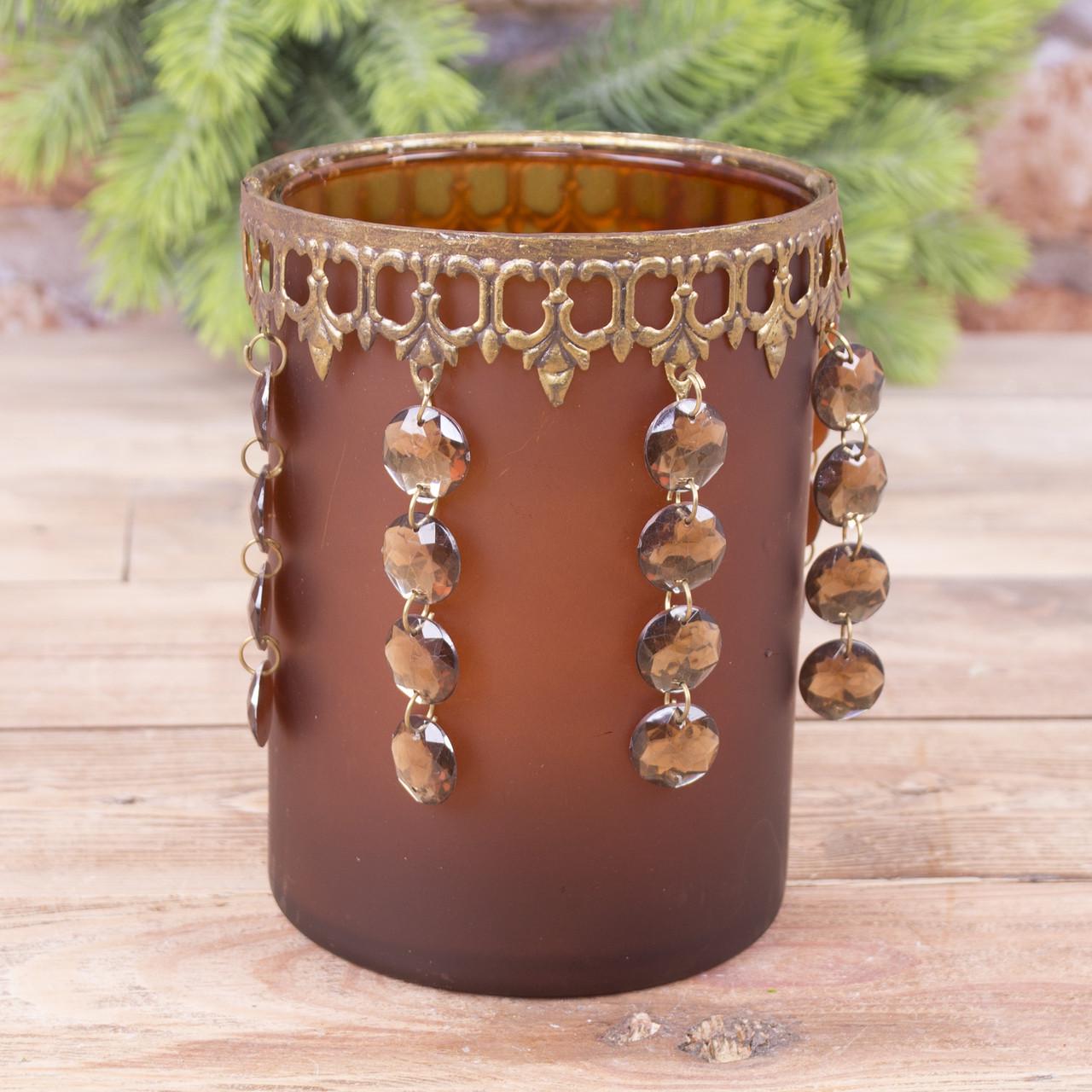 Стеклянный подсвечник с висячими кристаллами Коричневый (1610-2)