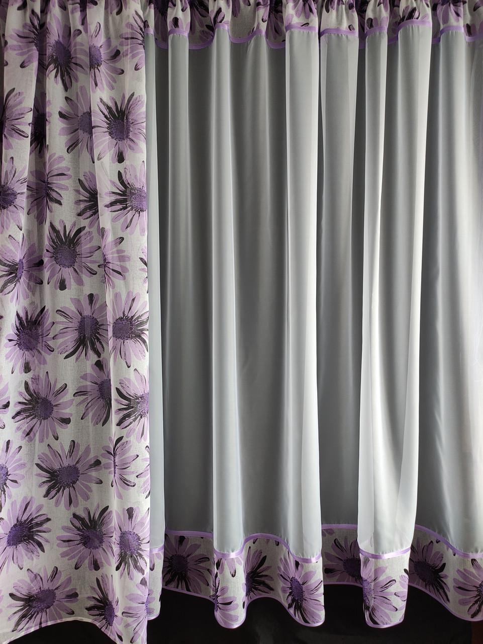 Комплект на кухонное окно Ромашка шифон и батист с цветами 290х190 см Белый/Сирень (ромашка-02) - фото 3 Комплект на кухонное окно Ромашка шифон и батист с цветами 290х190 см Белый/Сирень (ромашка-02) - фото 3
