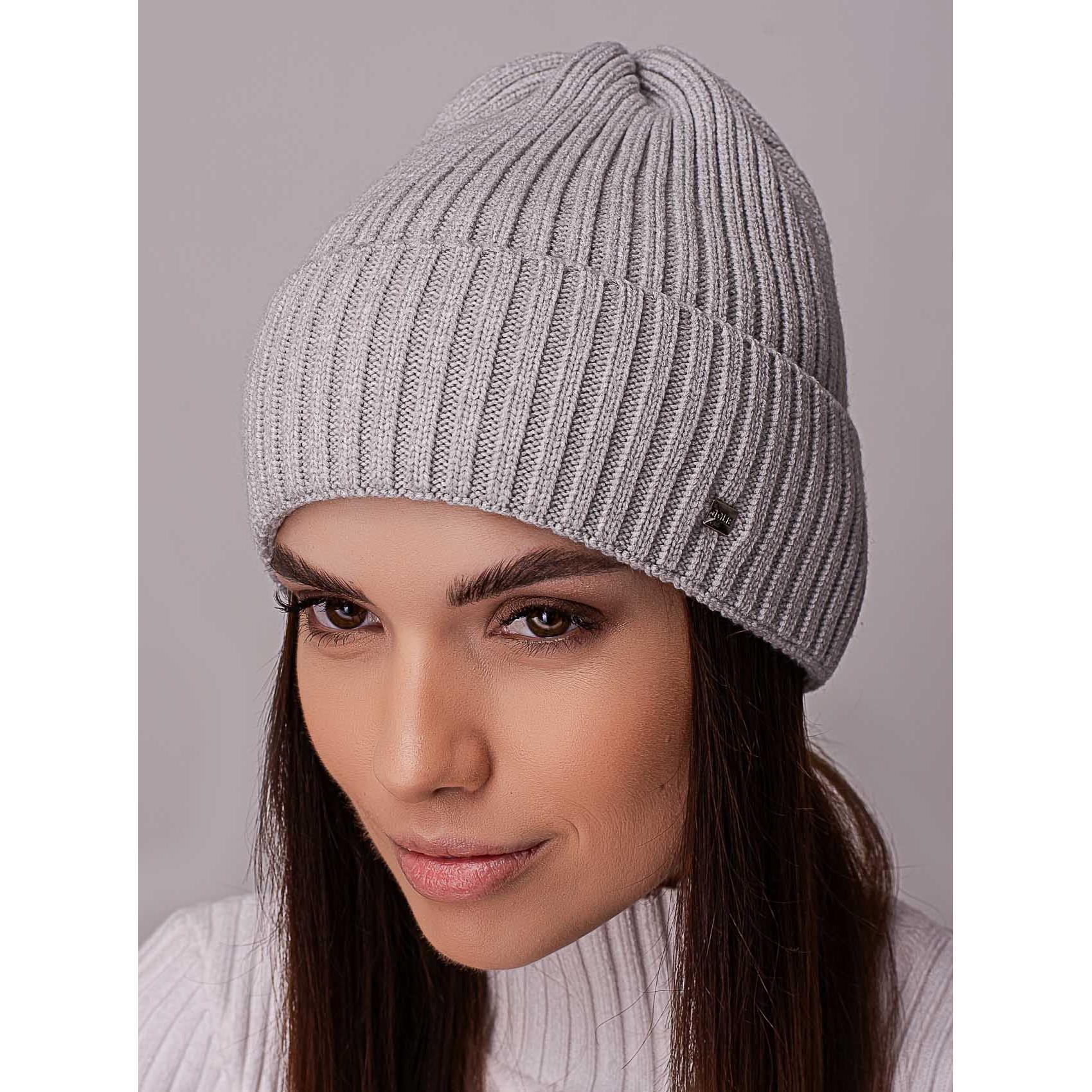 Шапка жіноча ковпак з відворотом без підкладки в широкий рубчик Leks Ковель Світло-сірий - фото 1