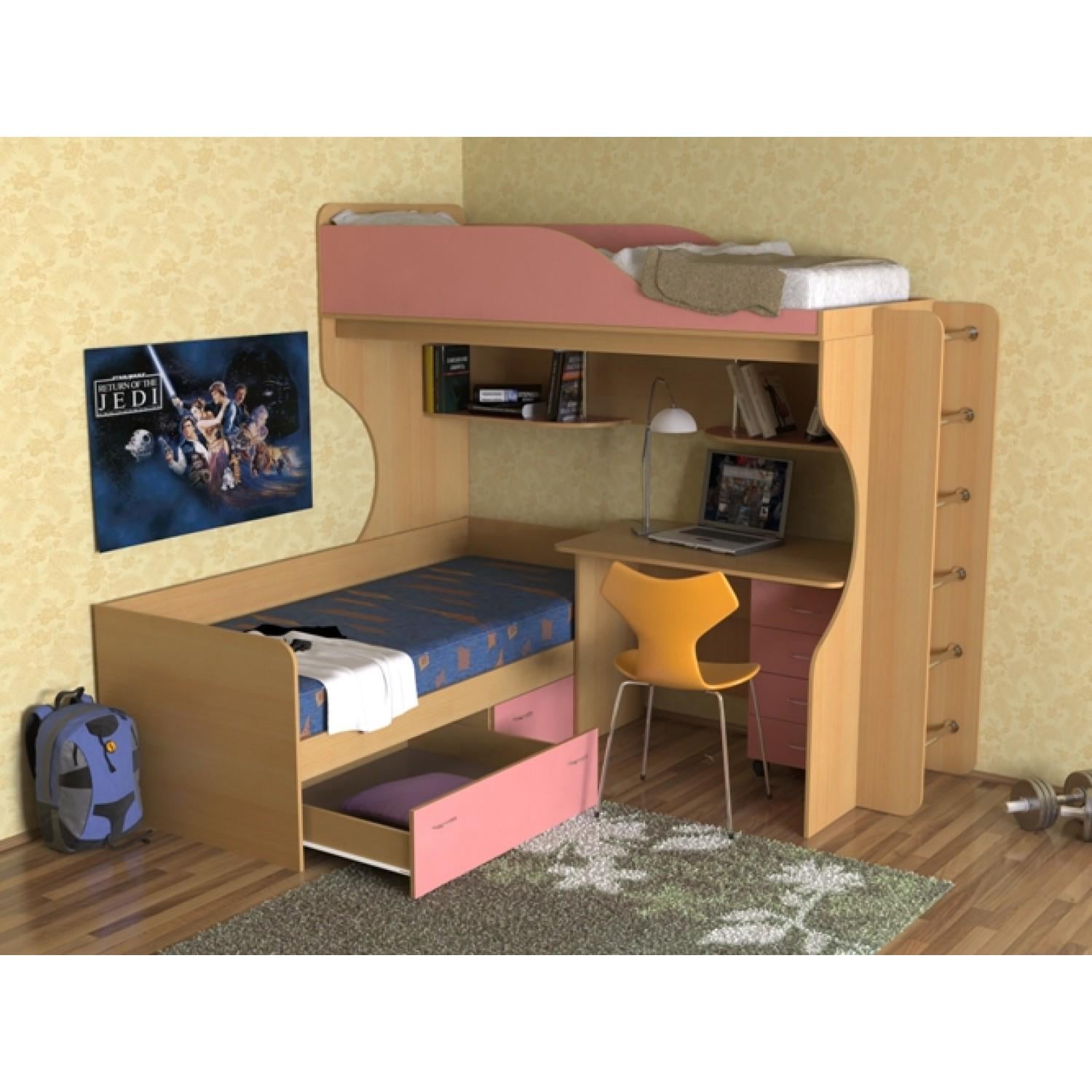 Кровать-чердак детский с рабочей зоной и полками D-013 80х190 см (100906)