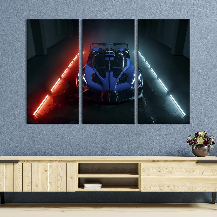 Картина на холсте триптих Синий Bugatti Bolide 128x81 см (1242-31)