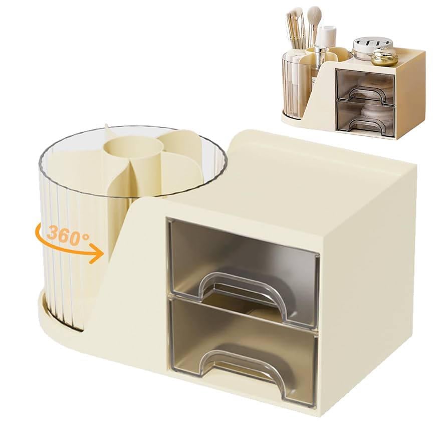Органайзер для канцелярии с вращающимся стаканом на 6 отделений и выдвижными ящиками кремовый (5f2826fe) - фото 9