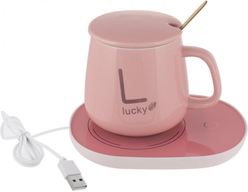 Кружка фарфоровая Lucky с подогревом от USB с крышкой и ложечкой 400 мл Розовый