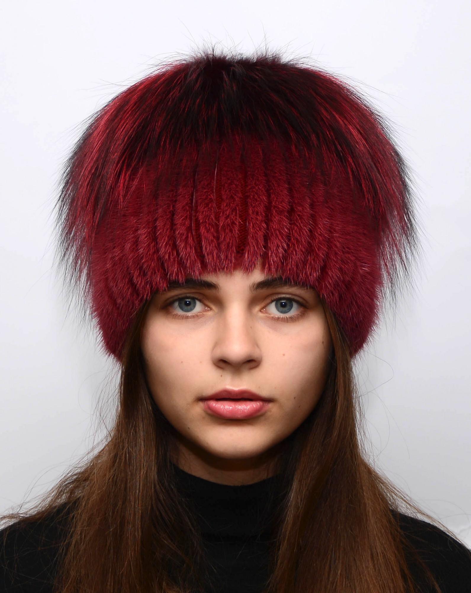 Зимняя шапка Меховой стиль Звездочка из вязаной норки натуральный мех Марсала (100/K)