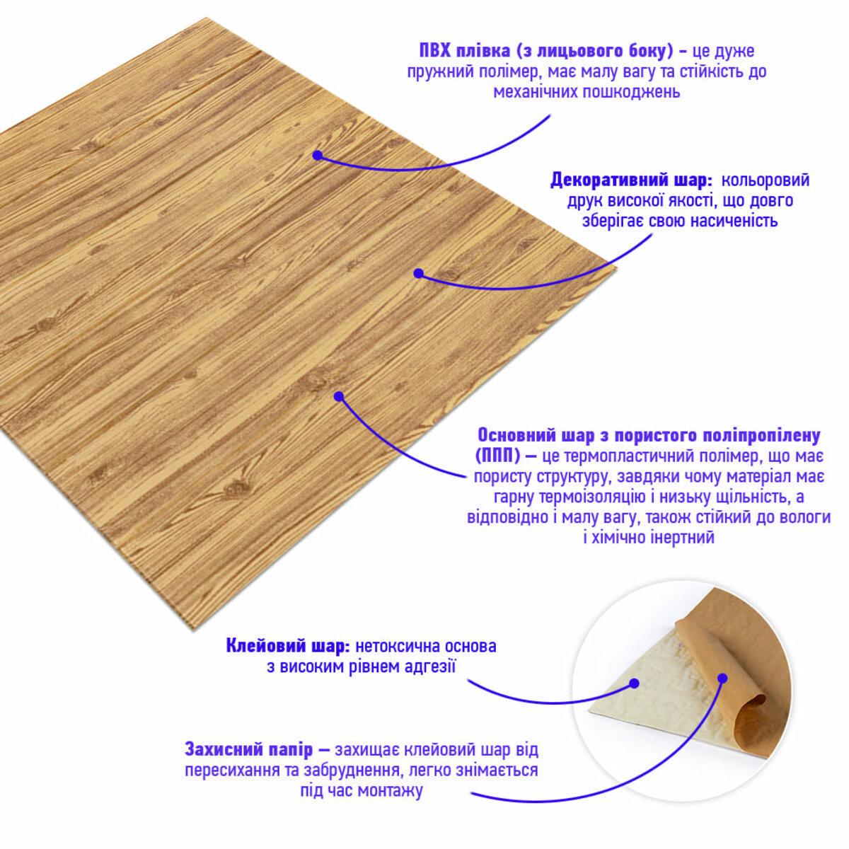 Панель самоклеящаяся декоративная 3D под дерево 082 700x700x6 мм Золотой (SW-00000020) - фото 2