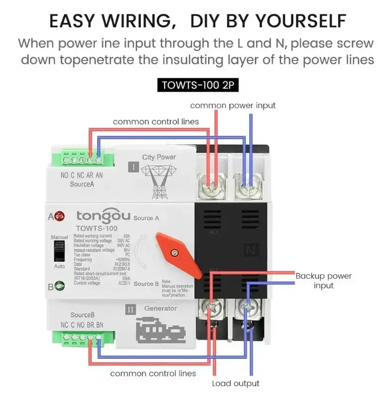 Автоматический переключатель ввода резерва Tongou АВР TOWTS-100 2P 100А однофазный - фото 5