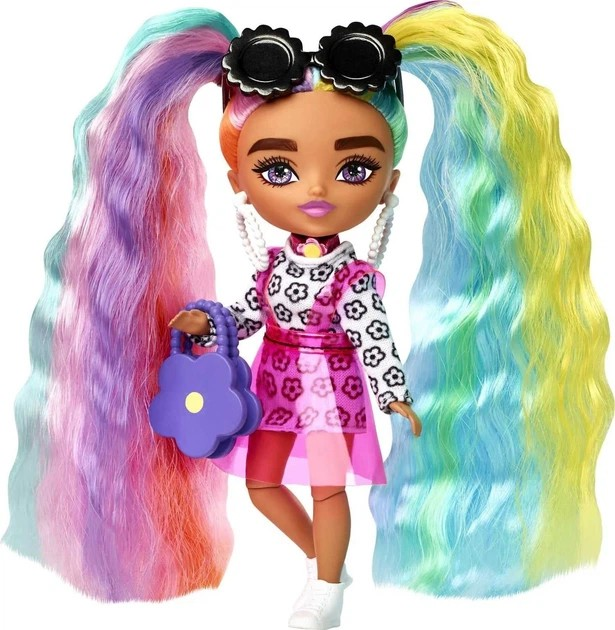 Лялька Barbie Extra Minis № 6 Барбі Екстра Мініс Модниця в рожевій вініловій спідниці з райдужним волоссям (HHF82)