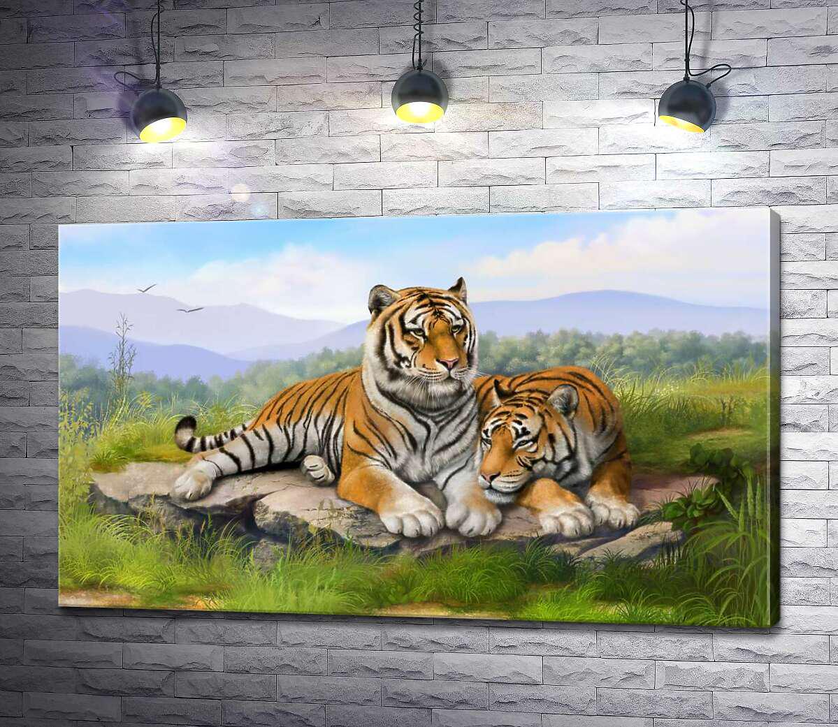 Картина ArtPoster Пара тигров отдыхает на камне среди травы 130x78 см Модуль №1 (001313)