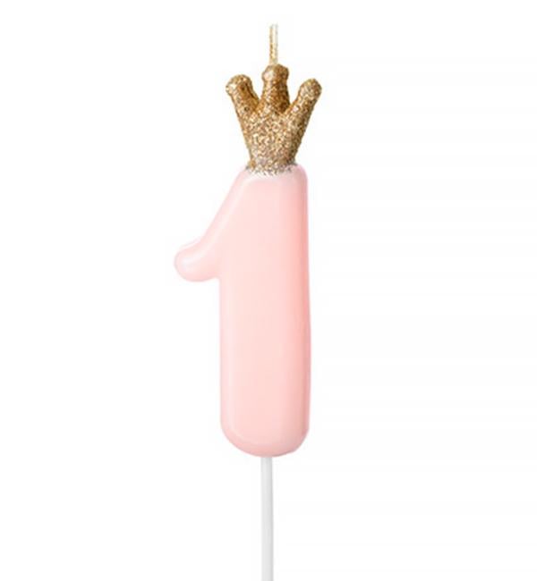 Свечи для торта PartyDeco 1 с короной 9,5 см Розовый (56526)