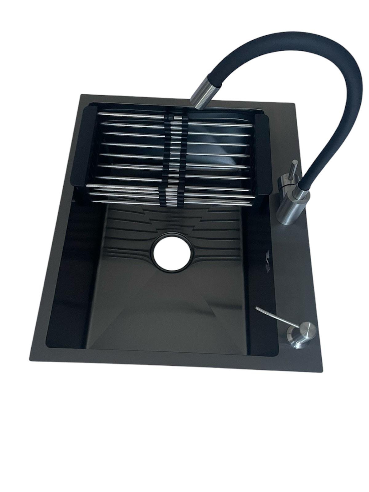 Мийка для кухні Lidz 6050 Чорний/змішувач кран Kraft гнучкий Чорний