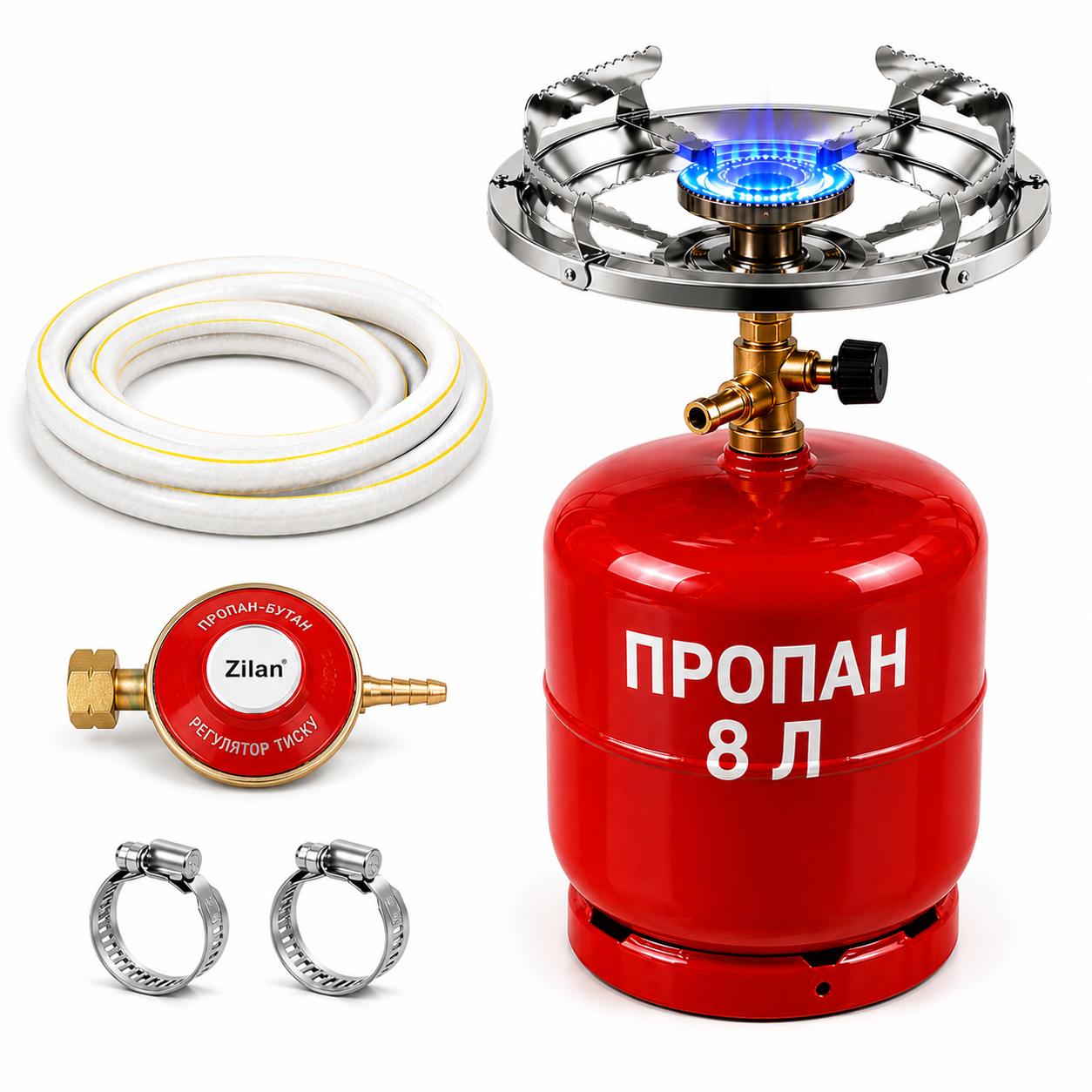 Газовий комплект 8 л пальник/редуктор Zilan/шланг 2 м/2 хомути Червоний (GAS-1188) Газовий комплект 8 л пальник/редуктор Zilan/шланг 2 м/2 хомути Червоний (GAS-1188)