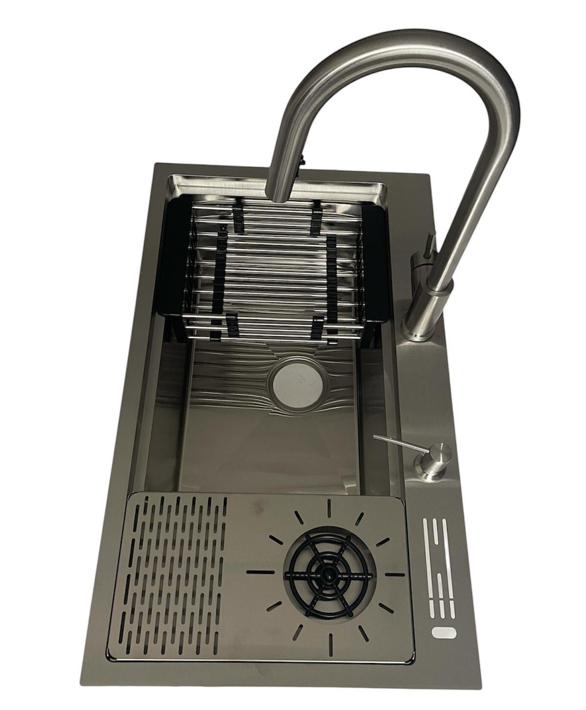 Мойка Platinum Handmade с ополаскивателем для стаканов и подставкой для ножей и смесителем для кухни с выдвижным изливом Kroner ESG03915 78х46 см