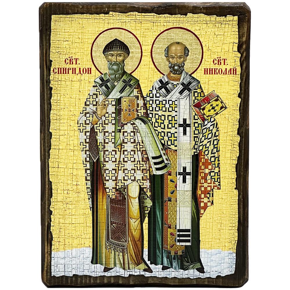 Ікона Святий Спиридон Триміфунтський та Миколай під старовину 30х40 см (2021-4)