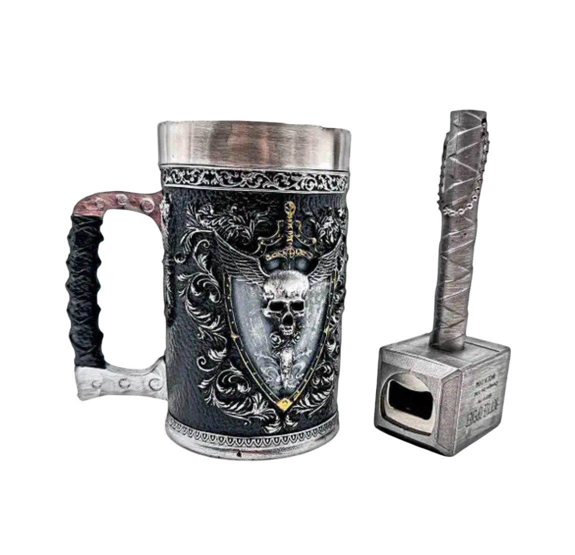 Кружка череп с открывалкой молот Тора Серебристый 500 мл