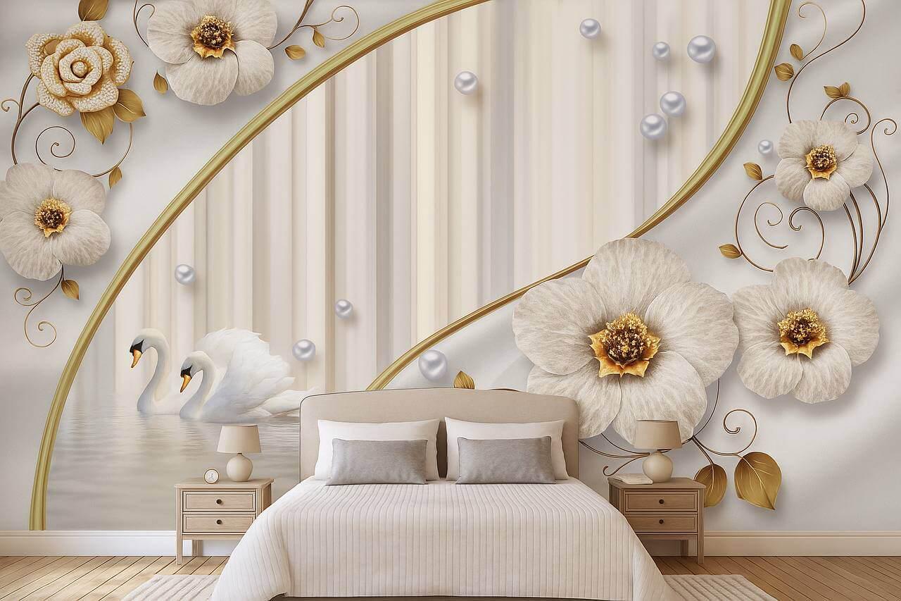 Фотообои флизелиновые Styleo Print-walls 3D Цветочные лебеди 0151 300х250 см (Pw-0151/2)