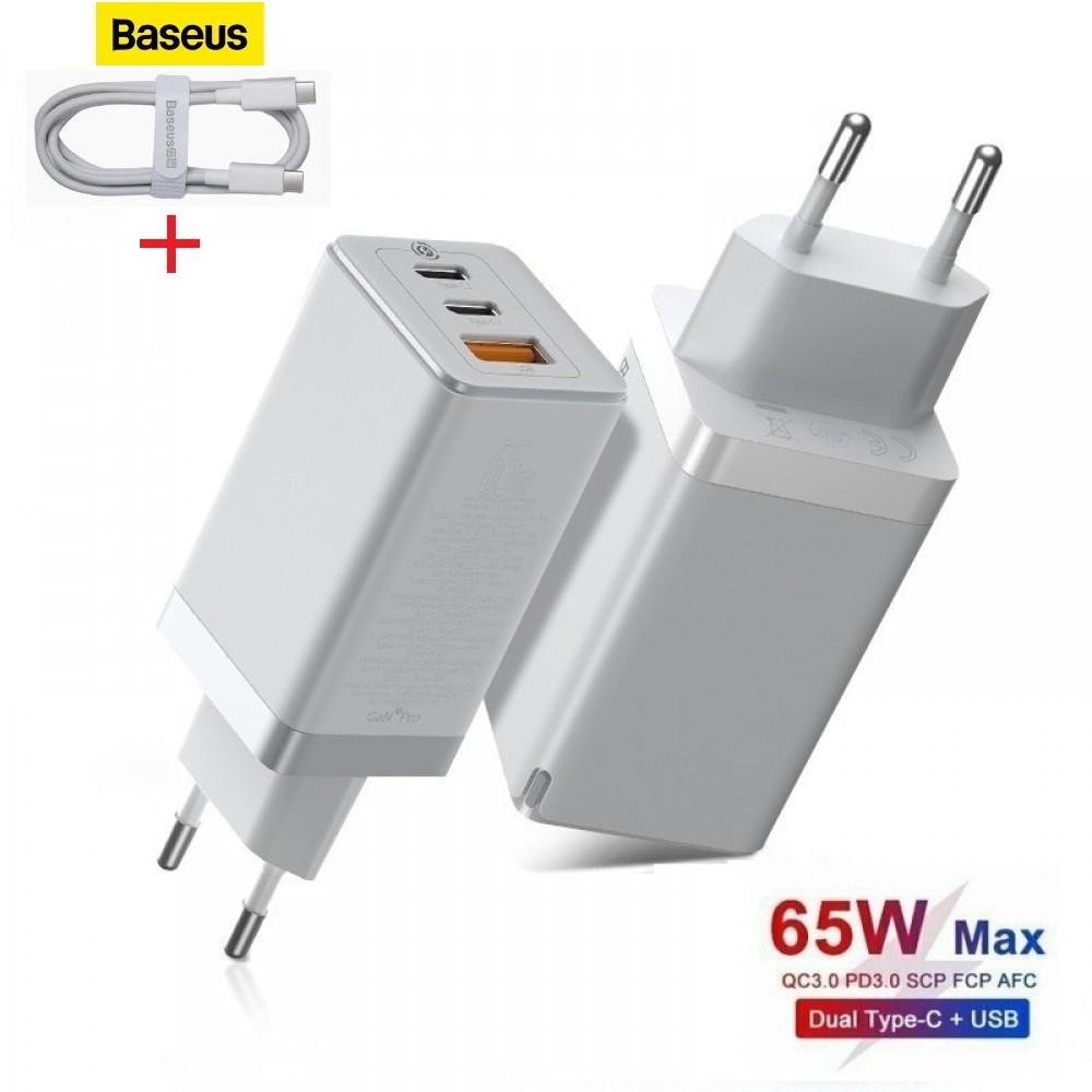 Зарядний пристрій мережевий Baseus GaN 2 pro 65W QC4.0/PD3.0 USB/2Type-C з кабелем White (25397367) - фото 9