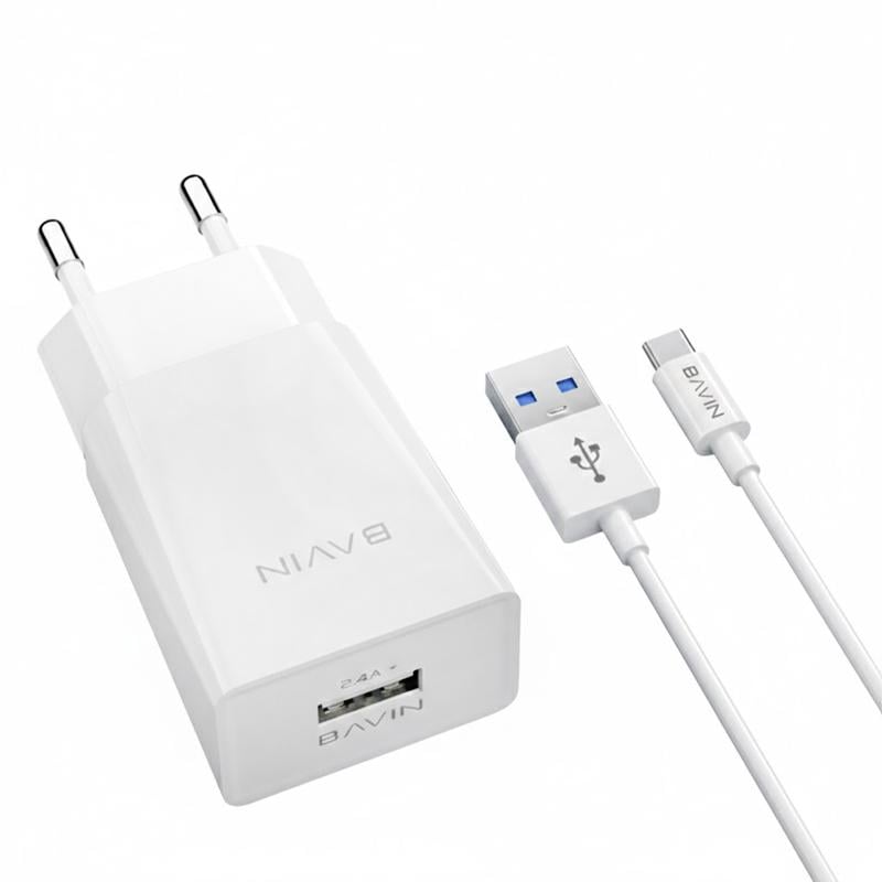 Зарядное устройство BAVIN PC895Y-C USB-A Fast Charging и кабель USB-A/Type-C 18W 2,4A White (32996769)