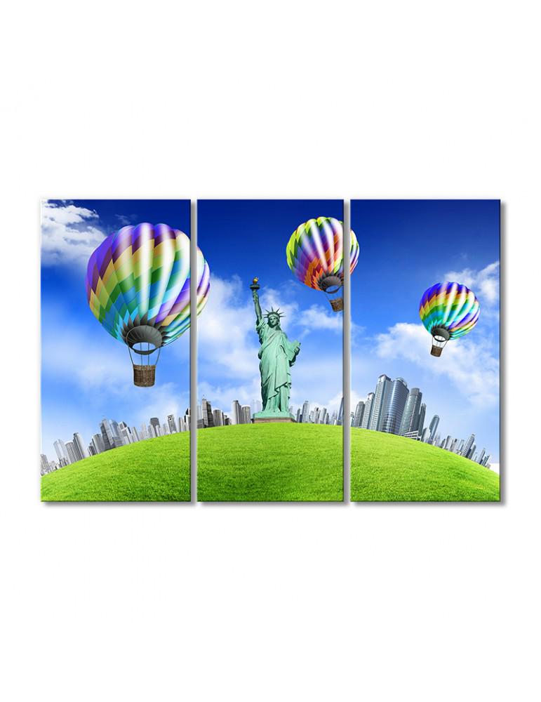 Картина модульная Статуя Свободы воздушные шары 3 модуля 50x75 см