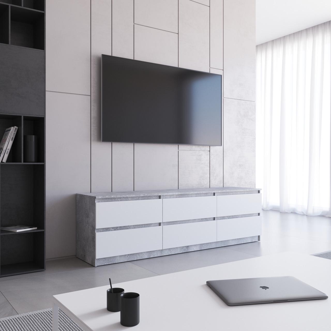 Тумба под телевизор VAYS 6 ящик 180х40х53 см Бетон/Белый (30253617)