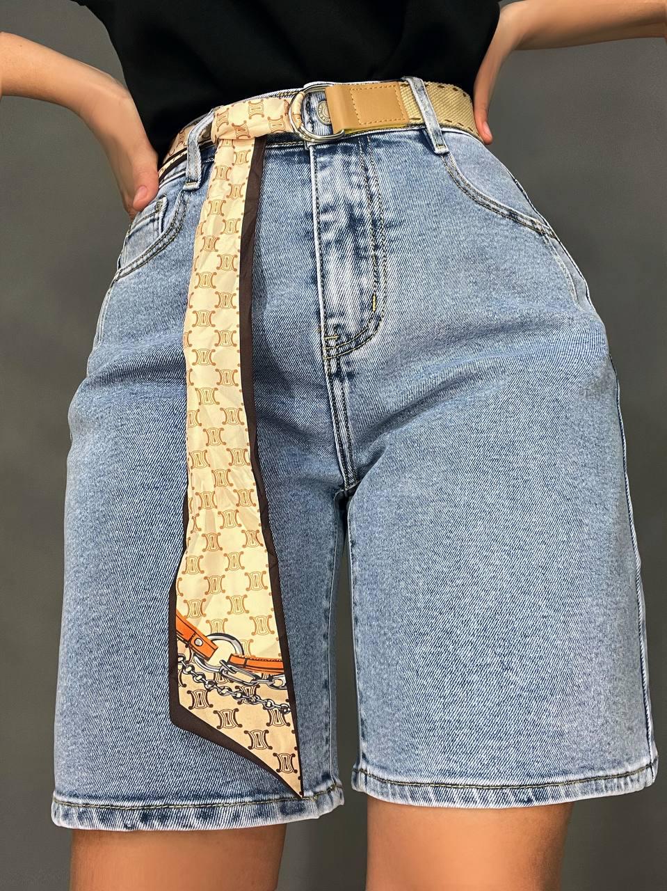 Шорты женские джинсовые Moss 513 бермуды с высокой посадкой и поясом-платком р. 32 Голубой (4170)