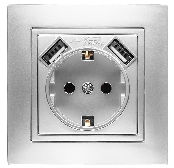 Розетка одноместная с заземлением и двумя USB портами MARSHEL ELEGANT RS16-372 Silver