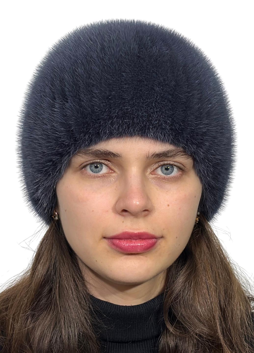 Зимняя шапка из вязаной норки Меховой стиль Листок натуральный мех M-L Синий ирис (111/G)