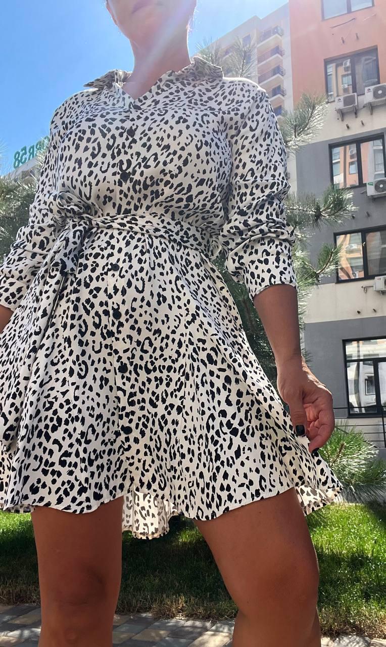 Платье женское MIX RAY 4219 леопардовый принт короткое на пуговицах с поясом S Белый (1416) - фото 9 Платье женское MIX RAY 4219 леопардовый принт короткое на пуговицах с поясом S Белый (1416) - фото 9