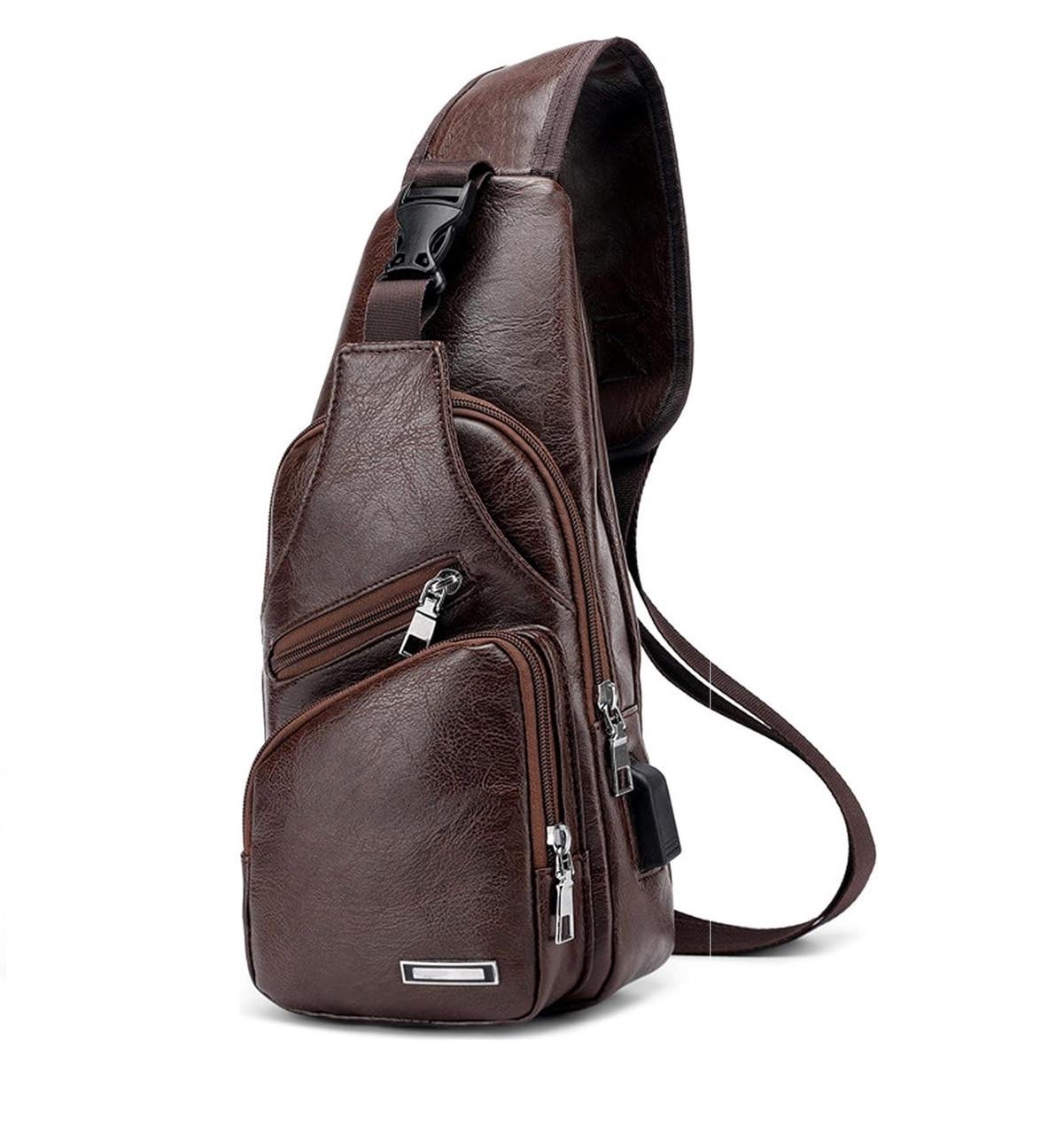 Сумка-слінг чоловіча через плече із зовнішнім карманами Темно-коричневий (LR 3416 BND) - фото 1 Сумка-слінг чоловіча через плече із зовнішнім карманами Темно-коричневий (LR 3416 BND) - фото 1