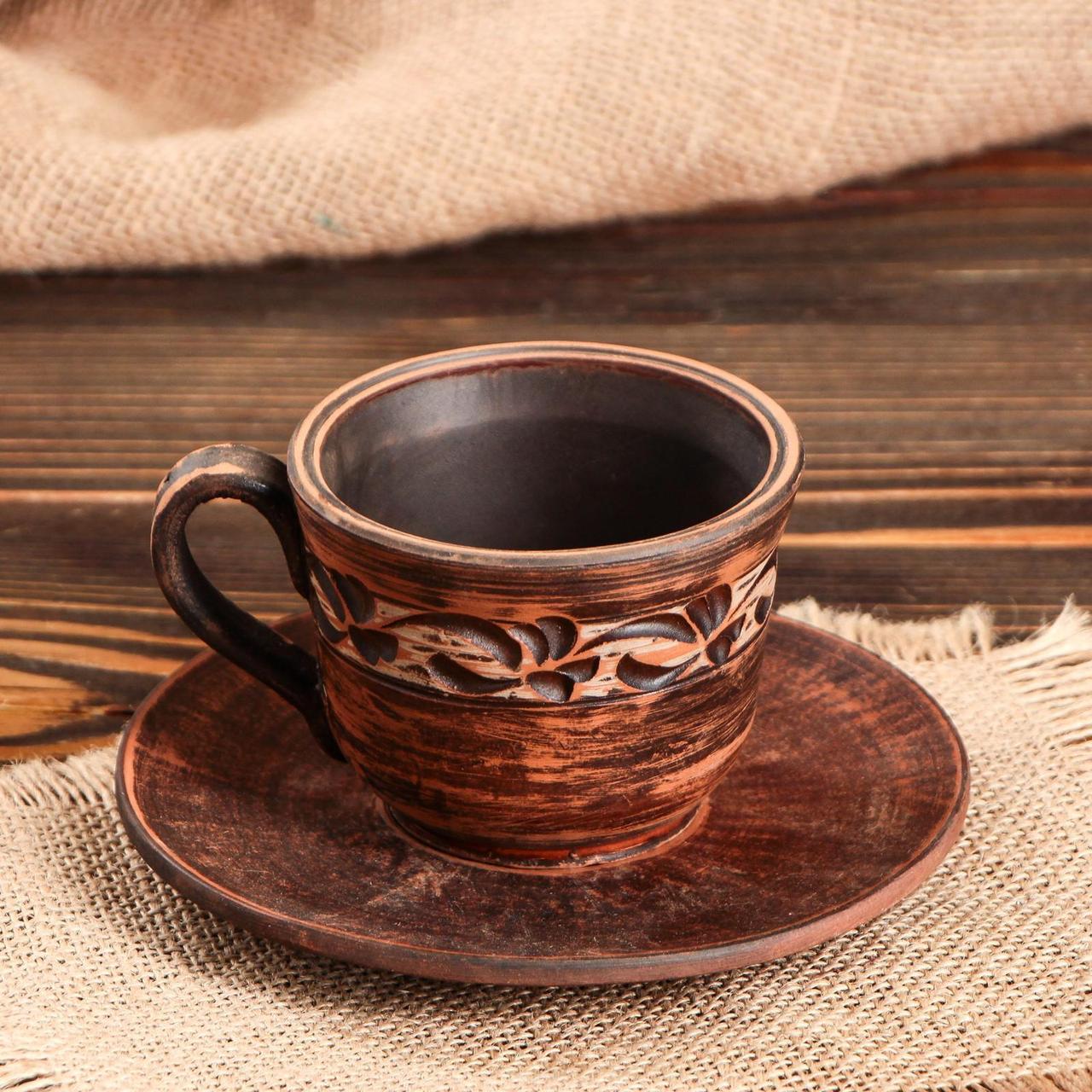 Чашка для кофе ангобная с блюдцем из красной глины ручная работа 150 мл (1386-1372) - фото 3