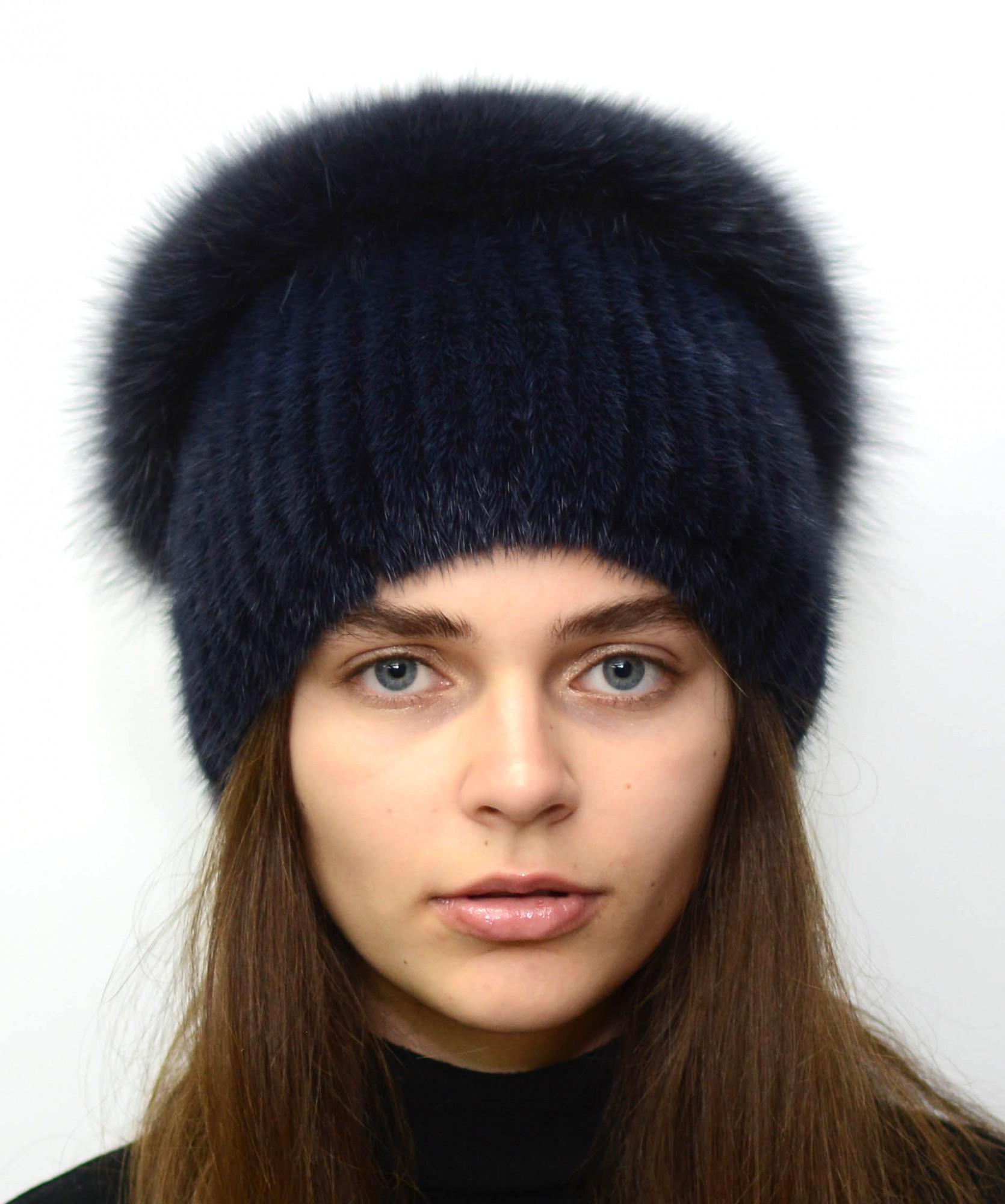 Шапка з в'язаної норки Меховой стиль Бабка з помпоном натуральне хутро XL-XXL Синій (117/B)