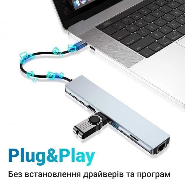 Хаб концентратор 8 до 1 USB Type-C перехідник HDMI SD (TF RJ45) - фото 5 Хаб концентратор 8 до 1 USB Type-C перехідник HDMI SD (TF RJ45) - фото 5