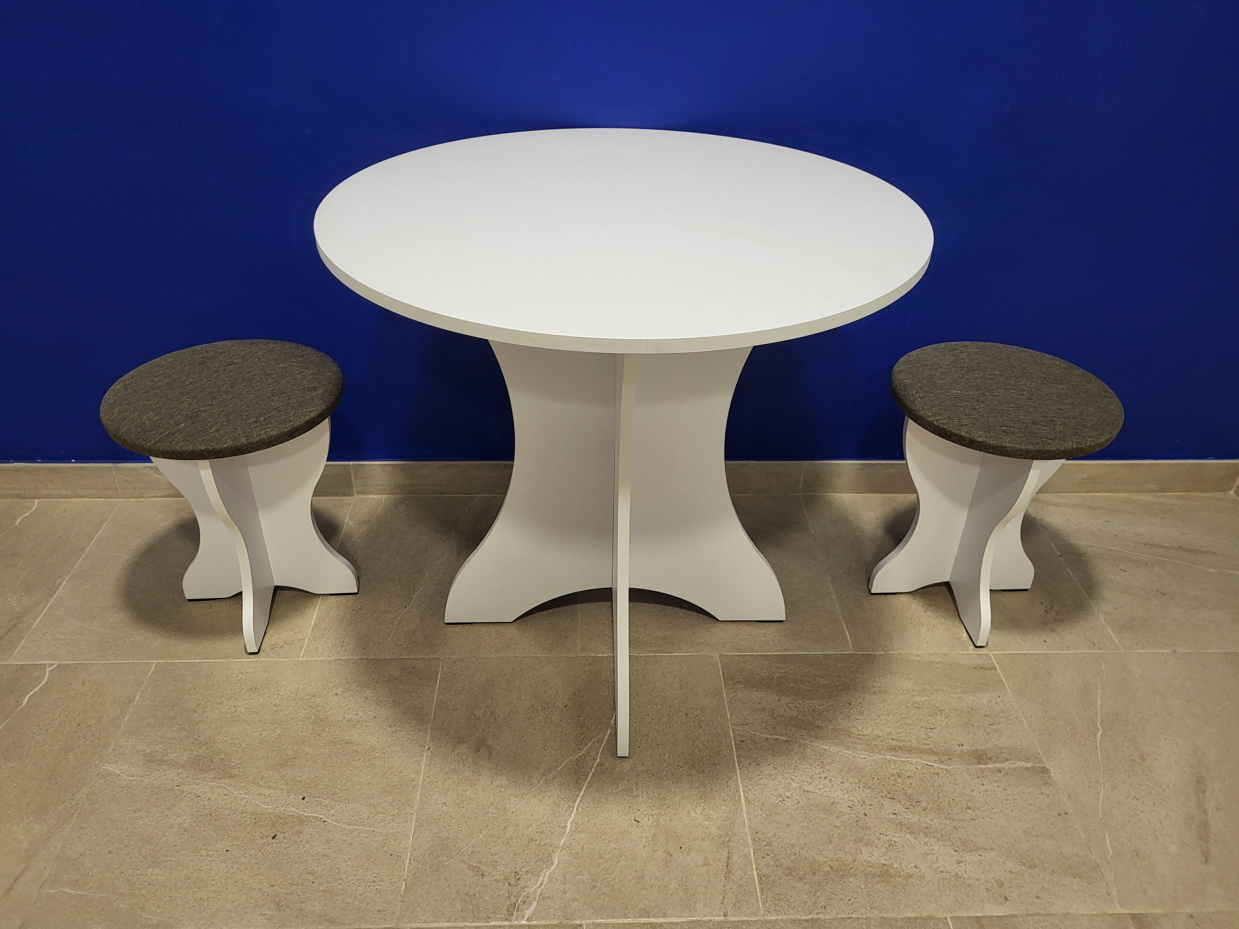 Стол круглый и 2 табурета Боярин ДСП/ткань Белый/Савана браун (S2T-B-TSB)