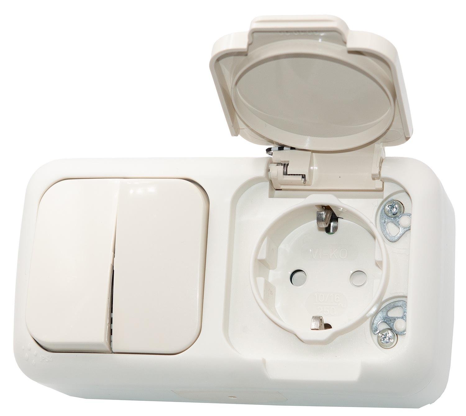 Выключатель влагозащищенный VIKO Palmiye с розеткой с заземлением наружный 2 гнезда Бежевый (90555682)