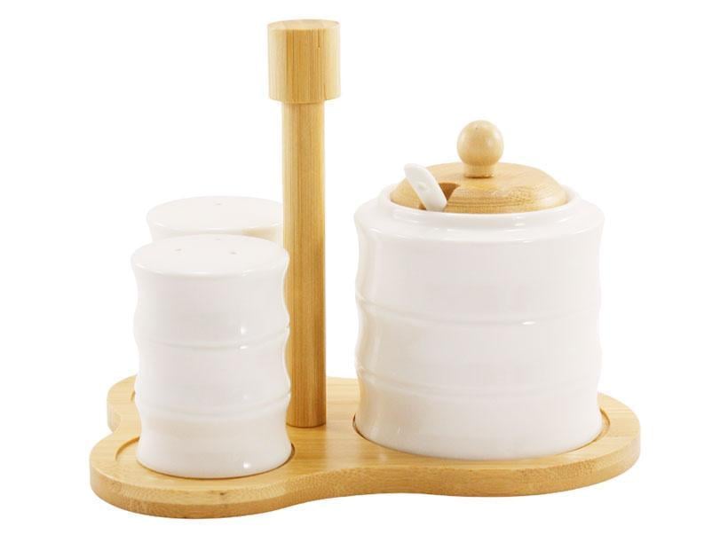 Набор емкостей для специй фарфоровых Interos и сахарница на деревянной подставке 3 пр. Белый (PJ03753)