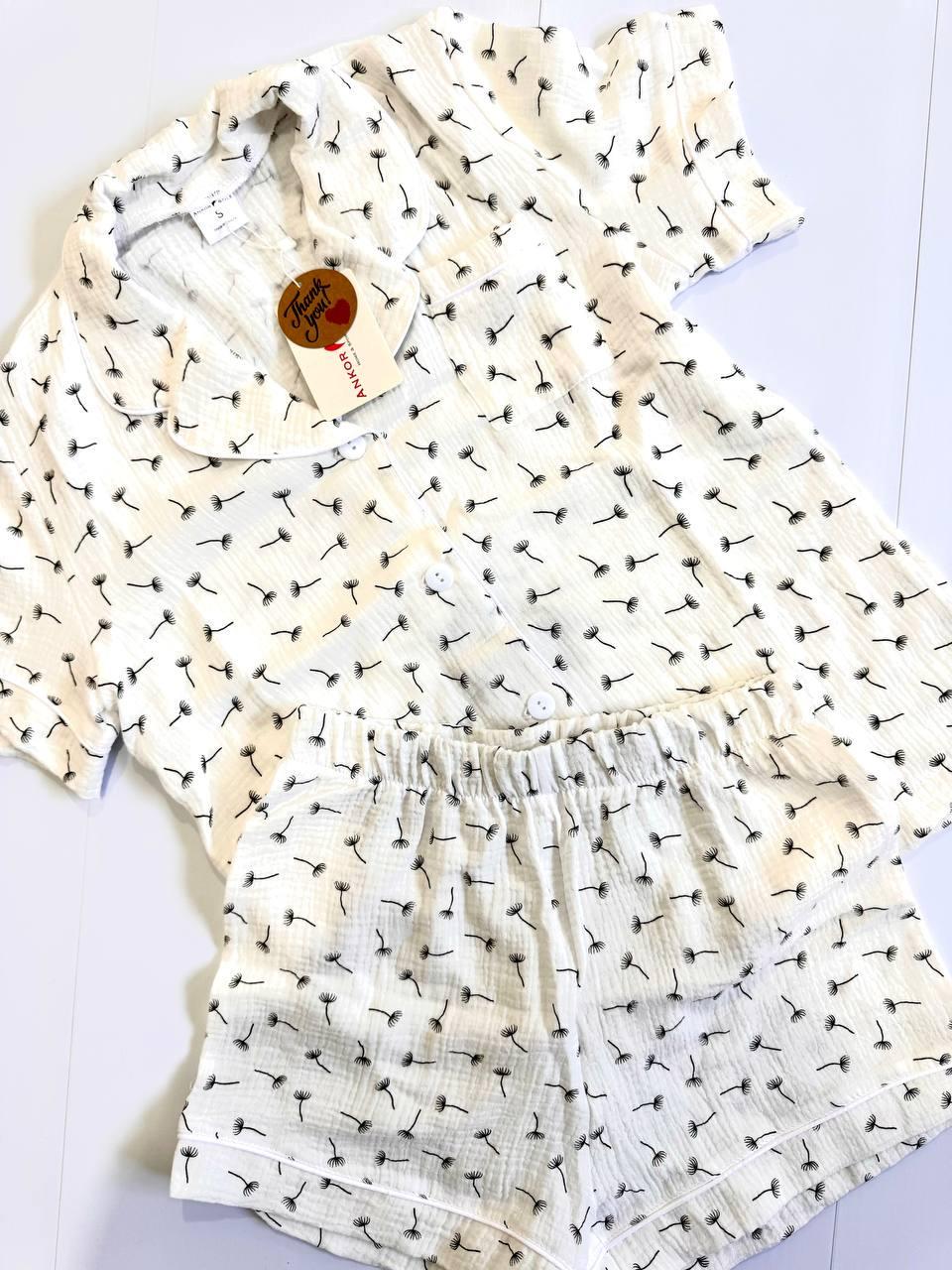 Пижама женская рубашка и шорты хлопок/муслин L Белый (П4К-al-mus-p-0017-03)