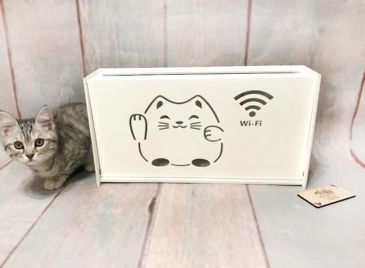 Коробка для роутера Wi-Fi Кот деревянная на стену 40х20х8 см Белый (172) - фото 3