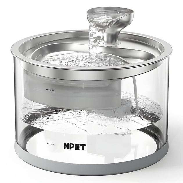 Фонтанчик для кота NPET N280 2,8 л из нержавеющей стали и стекла Прозрачный