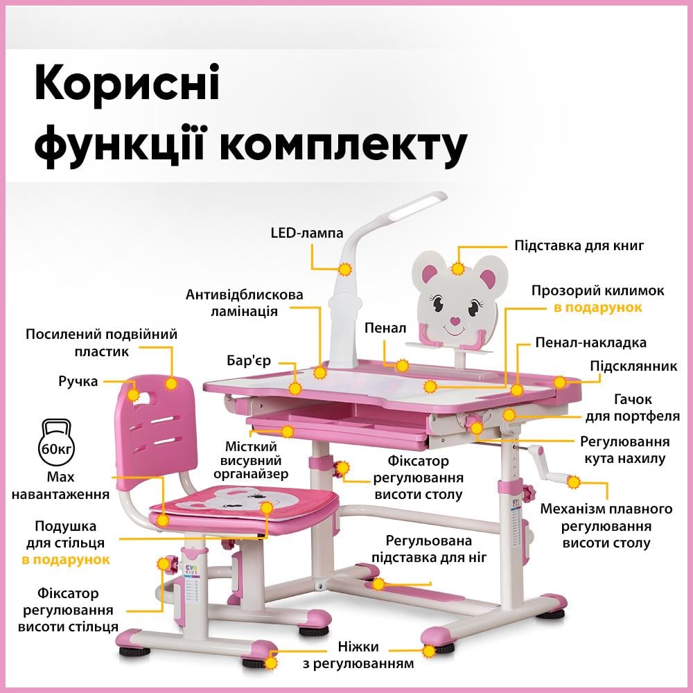 Парта детская школьная Evo-kids BD-04P Teddy XL со стулом и лампой Розовый (8444959) - фото 3 Парта детская школьная Evo-kids BD-04P Teddy XL со стулом и лампой Розовый (8444959) - фото 3